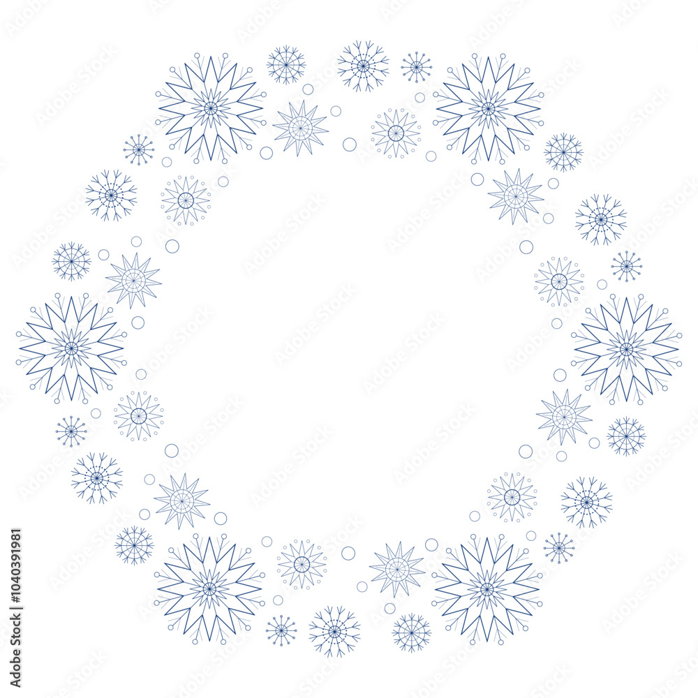 Winter frame of snowflakes with place for text. Many blue snowflakes on white background. Monochrome decorative design element. Mandala ornament vector illustration. Coloring page design. Winter frame of snowflakes with place for text. Many blue snowflakes on white background. Monochrome decorative design element. Mandala ornament vector illustration. Coloring page design.