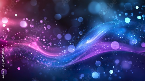 Abstract background with blue and pink waves and bokeh lights.