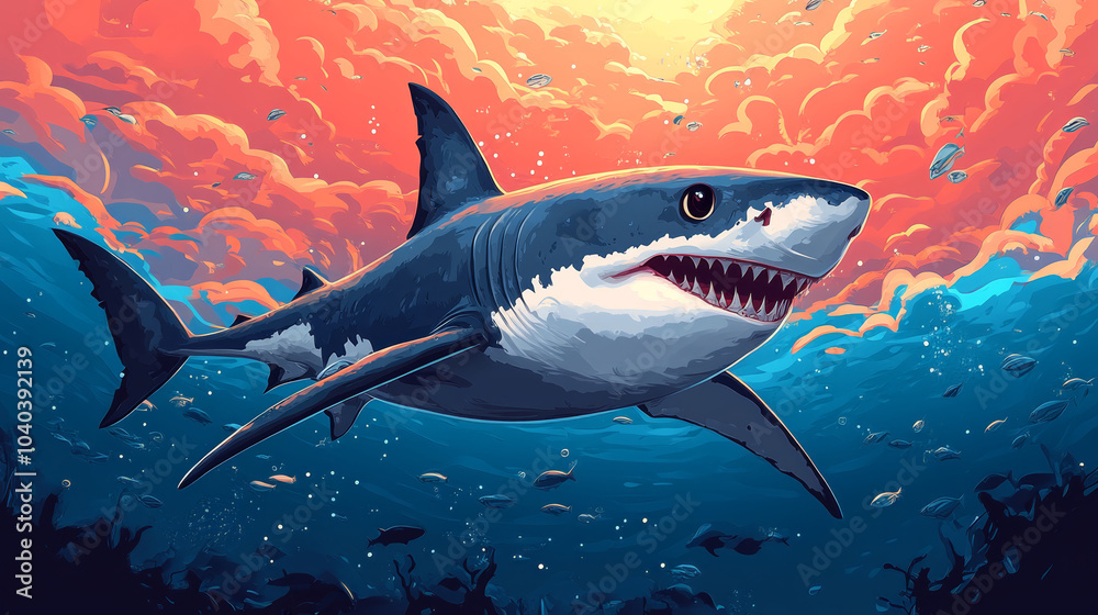 Obraz premium Cartoon Illustration of a Playful Shark in the Sea - Fun and Colorful Underwater Scene with Marine Animal