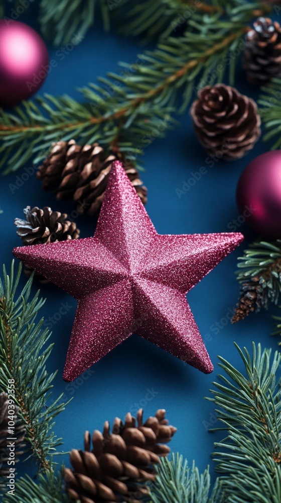 Festive holiday composition featuring a glittering pink star ornament surrounded by pine branches, pinecones, and magenta baubles on a deep blue background. Festive holiday composition featuring a glittering pink star ornament surrounded by pine branches, pinecones, and magenta baubles on a deep blue background.