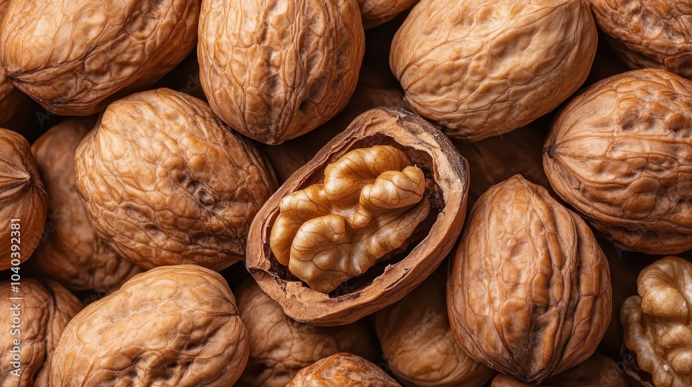 A cracked walnut sits in contrast with whole walnuts, highlighting the rich texture and intricate details of the nut, captured beautifully in natural light. A cracked walnut sits in contrast with whole walnuts, highlighting the rich texture and intricate details of the nut, captured beautifully in natural light.