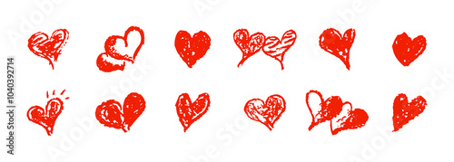 Set of red hearts signs drawn by wax pencil. Love symbols in doodle style. Collection of hand drawn kid hearts elements for valentine card or rock, hip hop music poster design. Vector illustration.