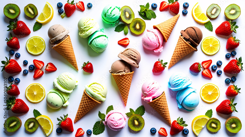 Obraz premium Colorful Flat Lay of Ice Cream Cones and Scoops Vibrant Flavors Surrounded by Fresh Fruits and Garnishes on a White Background, Creating a Symmetrical and Inviting Composition