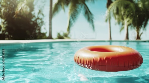 A picturesque tropical pool surrounded by lush greenery and a single orange lifebuoy floating, symbolizing leisure and safety in a paradise-like setting.