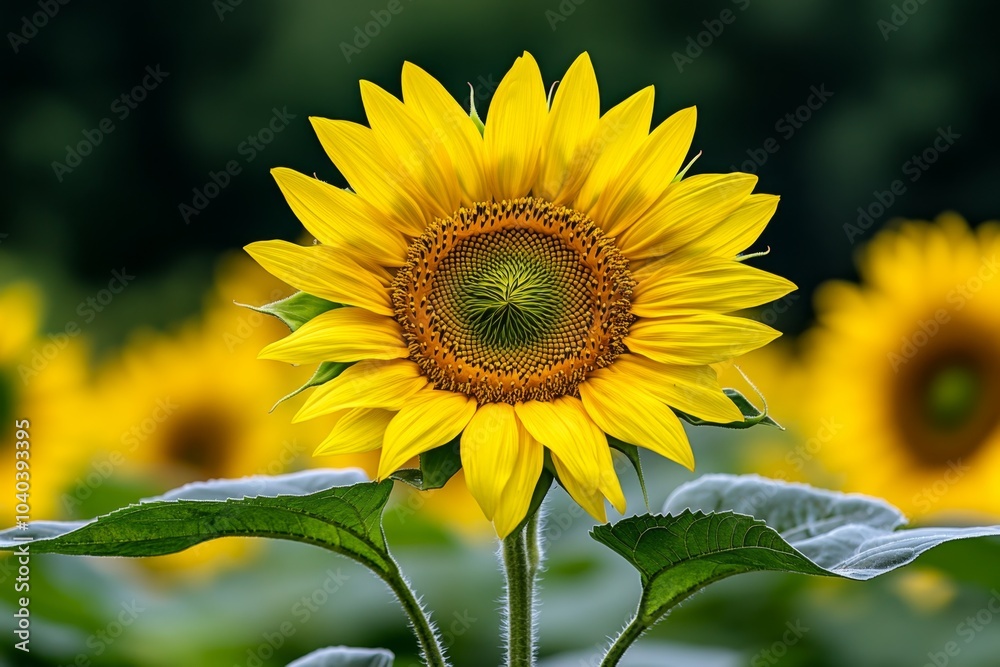 Fototapeta premium Single sunflower against a plain background, capturing the essence of harvest season with simple elegance
