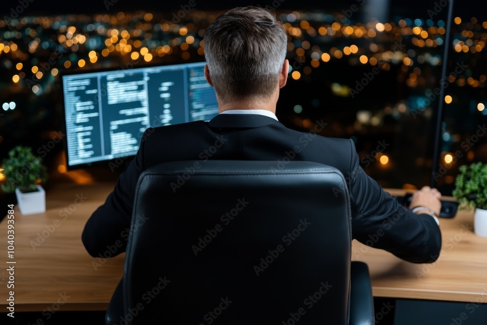 Solo entrepreneur in a high-rise office, working on an innovative ...