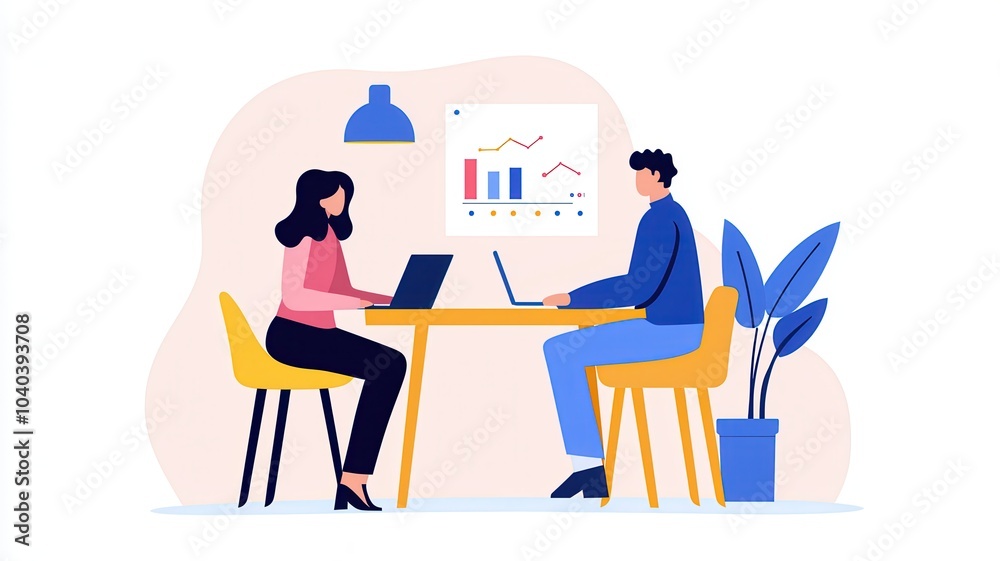 Two professionals collaborate at a table, working on laptops with charts in the background, showcasing teamwork and productivity in a modern office setting. Two professionals collaborate at a table, working on laptops with charts in the background, showcasing teamwork and productivity in a modern office setting.