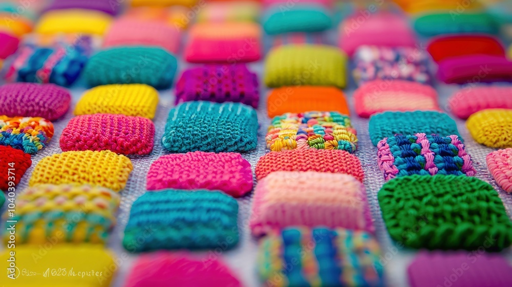 Colorful knitted squares arranged in a vibrant pattern