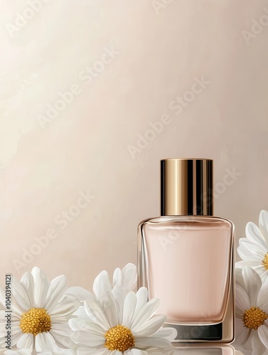 A elegant perfume bottle surrounded by white daisies on a soft, neutral background, evoking a fresh and floral ambiance.