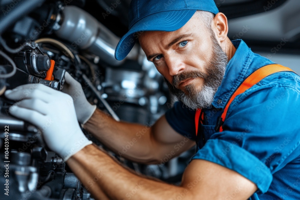Vintage mechanical engineer working on a steam engine, with classic ...