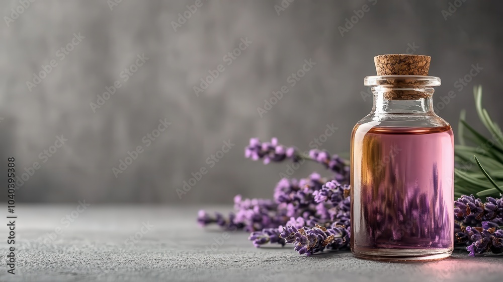A single glass bottle filled with pink lavender oil is surrounded by fresh lavender flowers, setting a calming and serene mood with its natural beauty. A single glass bottle filled with pink lavender oil is surrounded by fresh lavender flowers, setting a calming and serene mood with its natural beauty.