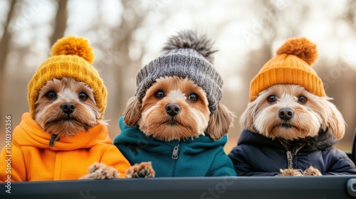 Three cute dogs, each wearing a cozy hat and sweater, pose snugly together, embodying warmth and companionship during a chilly day in a serene outdoor setting.