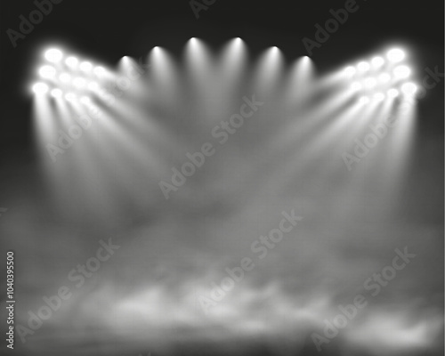 Light spotlights with smoke on a transparent background.Vector illustration of an illuminated scene.
