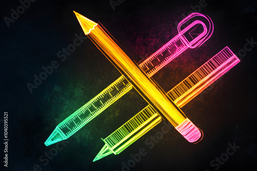 Neon wireframe sketch of a pencil and ruler icon isotated on black background. photo