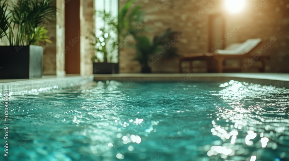 A serene indoor swimming pool area featuring gentle rippling water, lush potted plants, and inviting wooden lounge chairs with warm ambient sunlight filtering in. A serene indoor swimming pool area featuring gentle rippling water, lush potted plants, and inviting wooden lounge chairs with warm ambient sunlight filtering in.