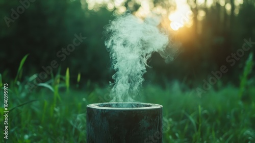 A metal pot gently emits smoke amidst a lush green outdoor setting bathed in soft evening sunlight, evoking calmness and a deep connection with nature's tranquility.