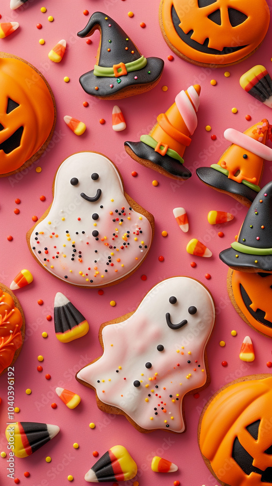 A spooky collection of Halloween cookies shaped like witches' hats, pumpkins, and ghosts, placed on a bright pink background with candy corn and sugar sprinkles. A spooky collection of Halloween cookies shaped like witches' hats, pumpkins, and ghosts, placed on a bright pink background with candy corn and sugar sprinkles.