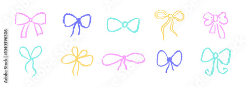 Set of bows drawn with pastel or charcoal pencil. Colorful chalk bow gift ribbon line simple element on white chalkboard background. Like kids drawn bows drawing collection. Vector illustration.