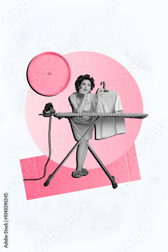 Vertical creative collage young dreamy thoughtful housemaid clothes ironing board clock time countdown limit schedule regime photo