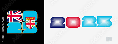 Year 2025 with flag of Fiji and in color palate of Fiji flag. Happy New Year 2025 in two different style.
