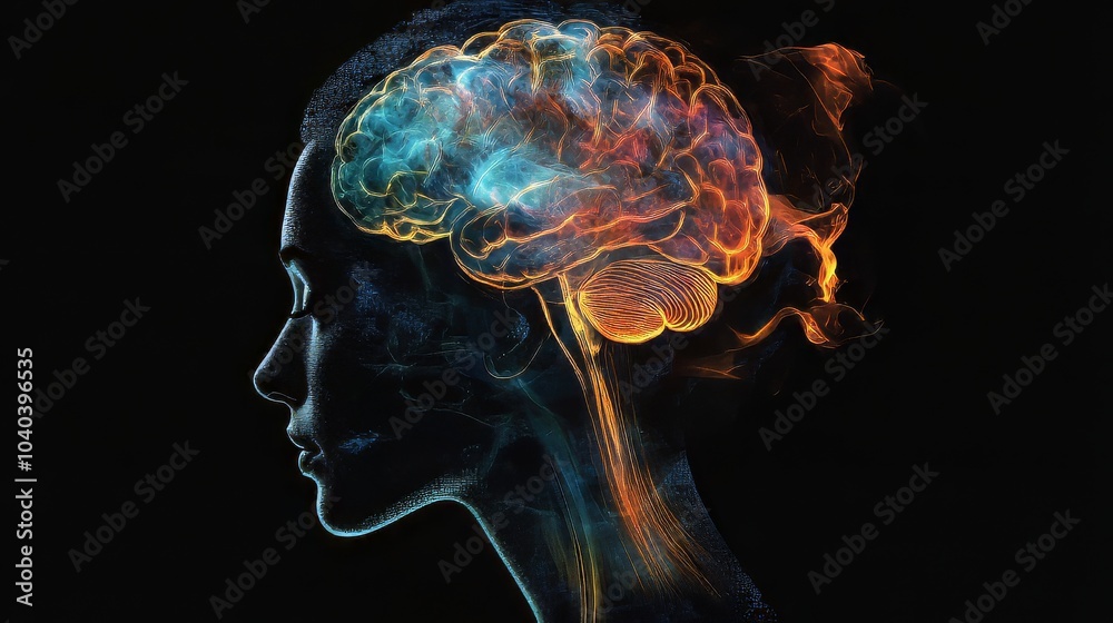 Silhouette with visible brain scan illustrates cognitive processes, mental health awareness, and neuroscience advancements. Photorealistic mental health illustration. Silhouette with visible brain scan illustrates cognitive processes, mental health awareness, and neuroscience advancements. Photorealistic mental health illustration.