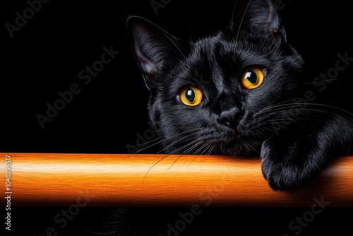 Witch's broomstick leaning against a dark wall, with a black cat sitting nearby, glowing eyes peering out from the shadows photo