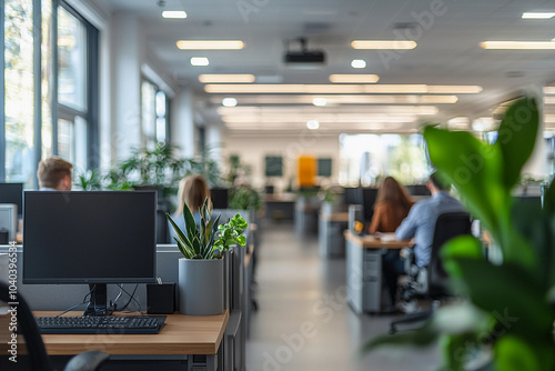 Modern office workspace with employees at work during daytime photo