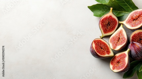 Succulent figs, artfully halved, placed among fresh green leaves on a light background, highlighting their rich textures and contrasting hues of red and green. photo