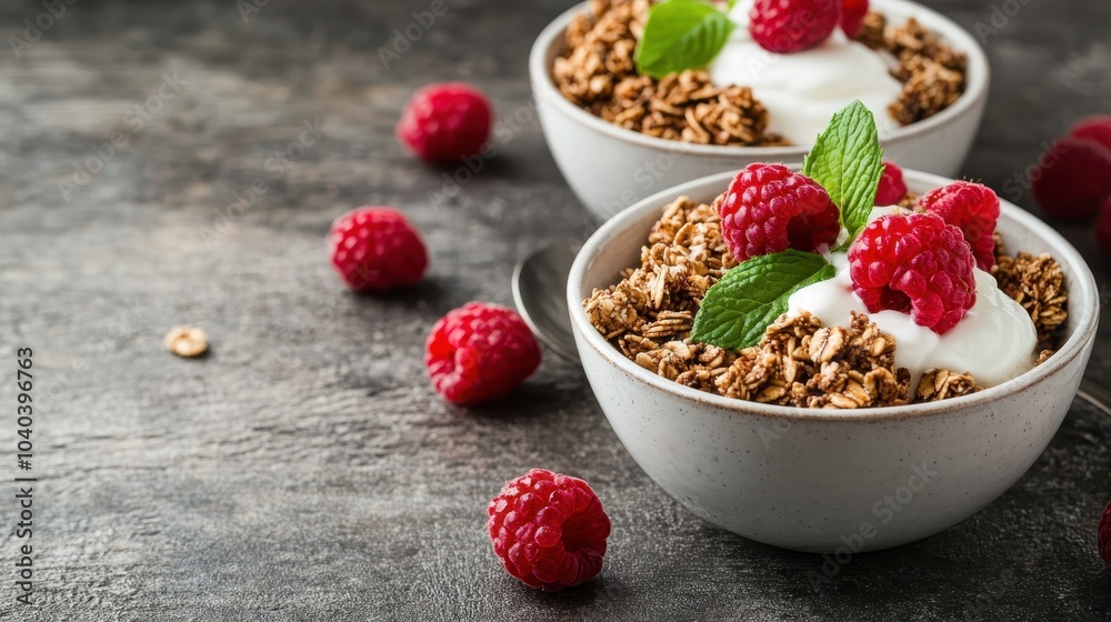 Two elegant bowls filled with nutritious granola and creamy yogurt, adorned with fresh raspberries and mint leaves, offering a healthy and vibrant breakfast option. Two elegant bowls filled with nutritious granola and creamy yogurt, adorned with fresh raspberries and mint leaves, offering a healthy and vibrant breakfast option.