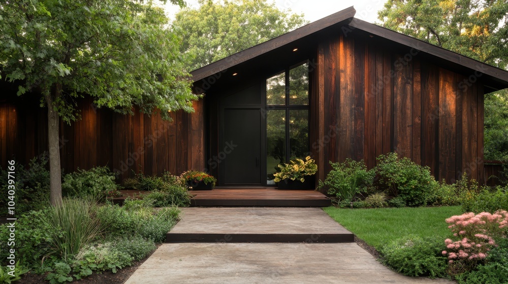 A rustic wooden house with inviting greenery and a charming entrance, evokes a sense of peaceful living and connection to nature in a tranquil setting. A rustic wooden house with inviting greenery and a charming entrance, evokes a sense of peaceful living and connection to nature in a tranquil setting.