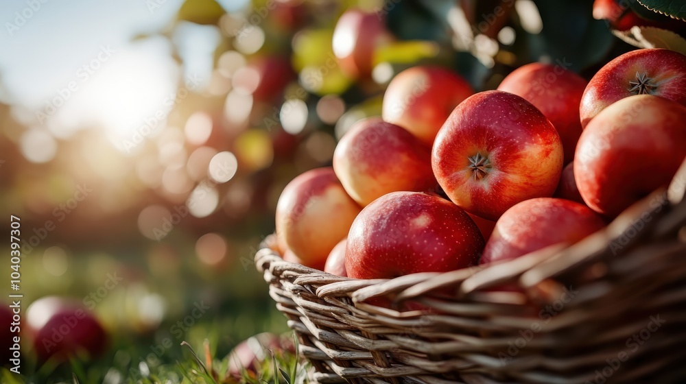 A vibrant apple orchard, captured in daylight with a sunlit basket overflowing with apples, portrays the vitality and abundance of an enriched farming environment. A vibrant apple orchard, captured in daylight with a sunlit basket overflowing with apples, portrays the vitality and abundance of an enriched farming environment.