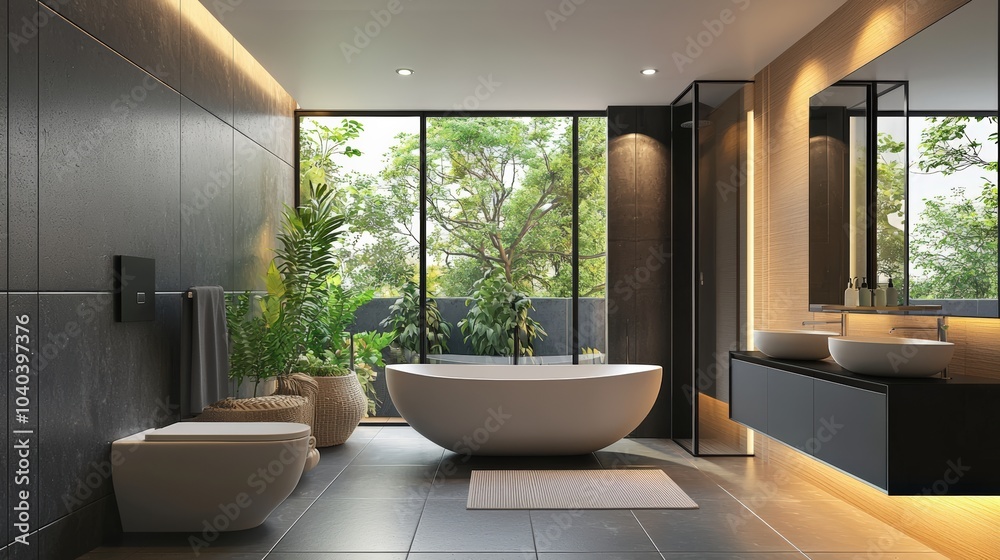 A modern bathroom with a large bathtub and a toilet A modern bathroom with a large bathtub and a toilet