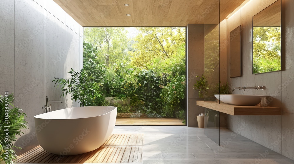 A bathroom with a large window and a white bathtub