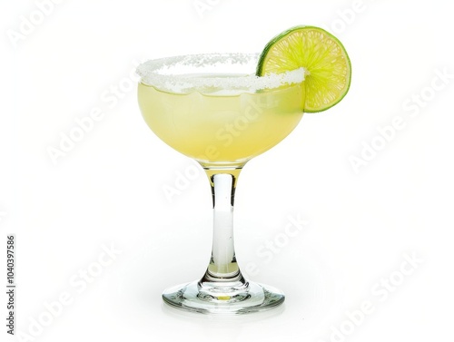 A margarita in a cactus glass with a lime wedge on a white background