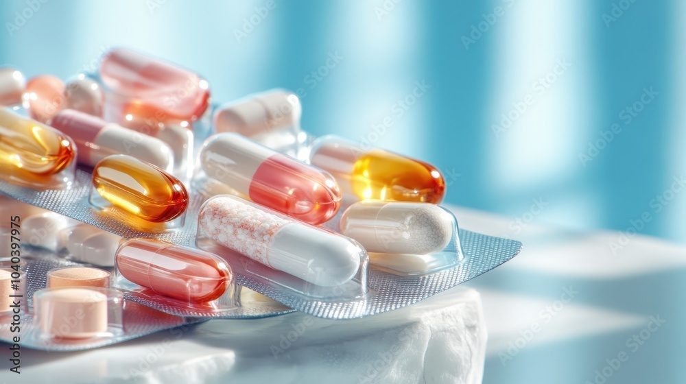 The image captures a close-up view of colorful medicine capsules and tablets, focusing on the details and vibrant hues that highlight their pharmaceutical significance.