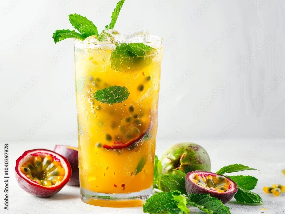 A passion fruit margarita in a salted-rim glass on a white background A passion fruit margarita in a salted-rim glass on a white background