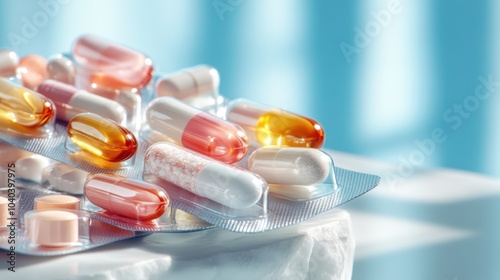 Obraz na płótnie The image captures a close-up view of colorful medicine capsules and tablets, focusing on the details and vibrant hues that highlight their pharmaceutical significance. w salonie