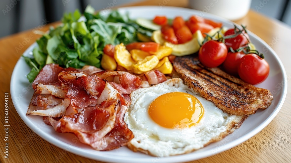 A delicious full breakfast plate featuring bacon, a sunny-side-up egg, tomatoes, greens, and grilled vegetables, creating a vibrant and fulfilling meal presentation. A delicious full breakfast plate featuring bacon, a sunny-side-up egg, tomatoes, greens, and grilled vegetables, creating a vibrant and fulfilling meal presentation.