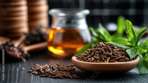 A bowl of dried tea leaves is adorned with vibrant mint leaves and a jar of amber tea, placed on a dark table, illustrating a balanced herbal composition.