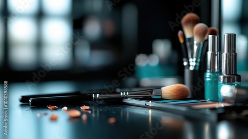 An elegant composition featuring professional makeup brushes, a palette, and scattered powder on a reflective surface, highlighting artistry and beauty tools.