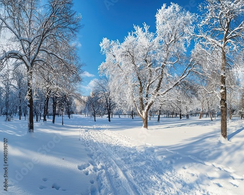 Panorama of a beautiful winter park covered in fresh snow