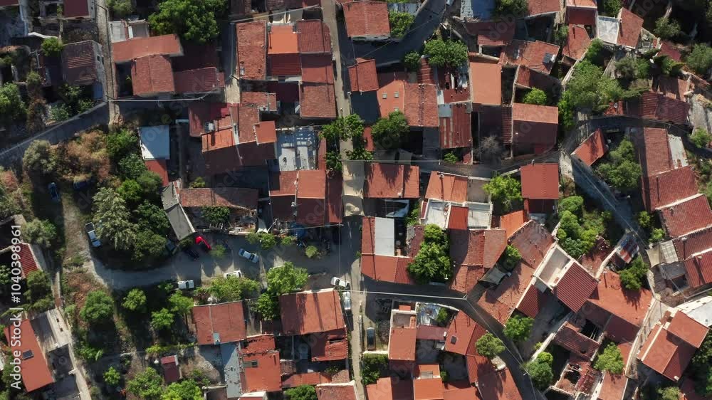 Aerial views showcase the traditional Lofou village in Cyprus, featuring its distinctive red roofs and charming architecture. Limassol District, Cyprus