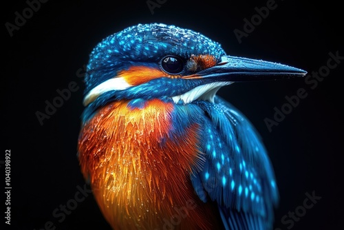 Vibrant kingfisher bird with electric blue and orange feathers, sharp details captured against a matte black background, minimalist and striking photo