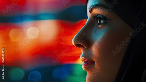 Close-up portrait of a woman with colorful background lights