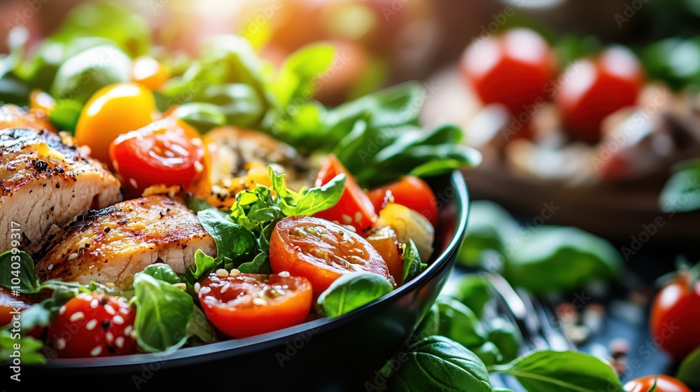 A vibrant garden salad with cherry tomatoes and grilled chicken, seasoned with herbs and olive oil, making it a flavorful and health-conscious dish. A vibrant garden salad with cherry tomatoes and grilled chicken, seasoned with herbs and olive oil, making it a flavorful and health-conscious dish.