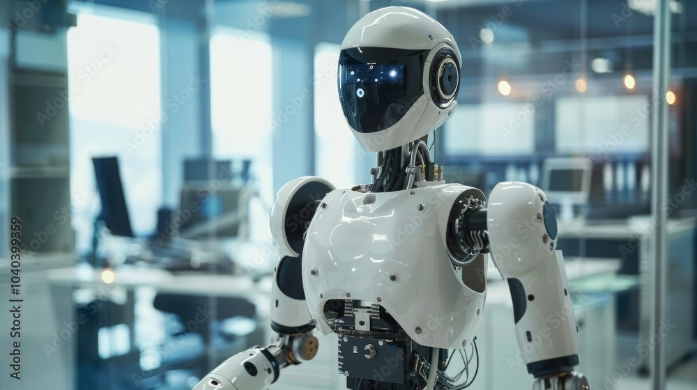 Humanoid robot providing tech support in a futuristic office Humanoid robot providing tech support in a futuristic office