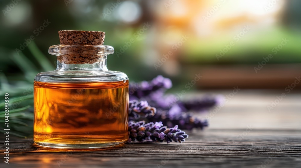 The image features a clear glass corked bottle filled with amber essential oil, artfully placed next to vibrant purple lavender flowers on a textured wooden surface. The image features a clear glass corked bottle filled with amber essential oil, artfully placed next to vibrant purple lavender flowers on a textured wooden surface.