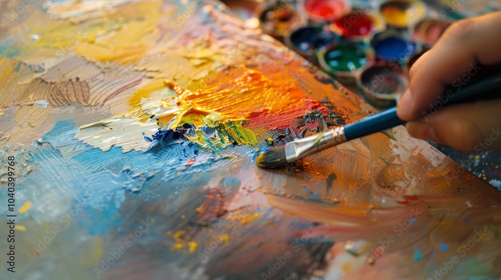 Young painter using vivid colors to create a sunset Young painter using vivid colors to create a sunset