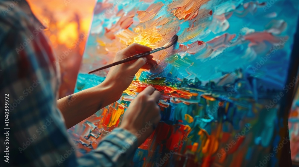Obraz premium Young painter using vivid colors to create a sunset