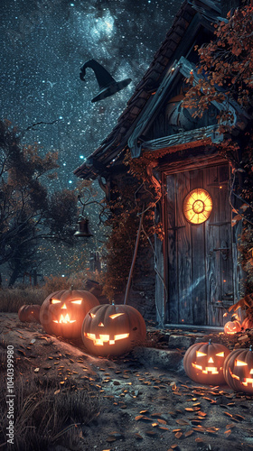 A witcha??s broomstick leaning against a wooden cabin door, with carved pumpkins glowing nearby, set against a dark, starry sky. photo